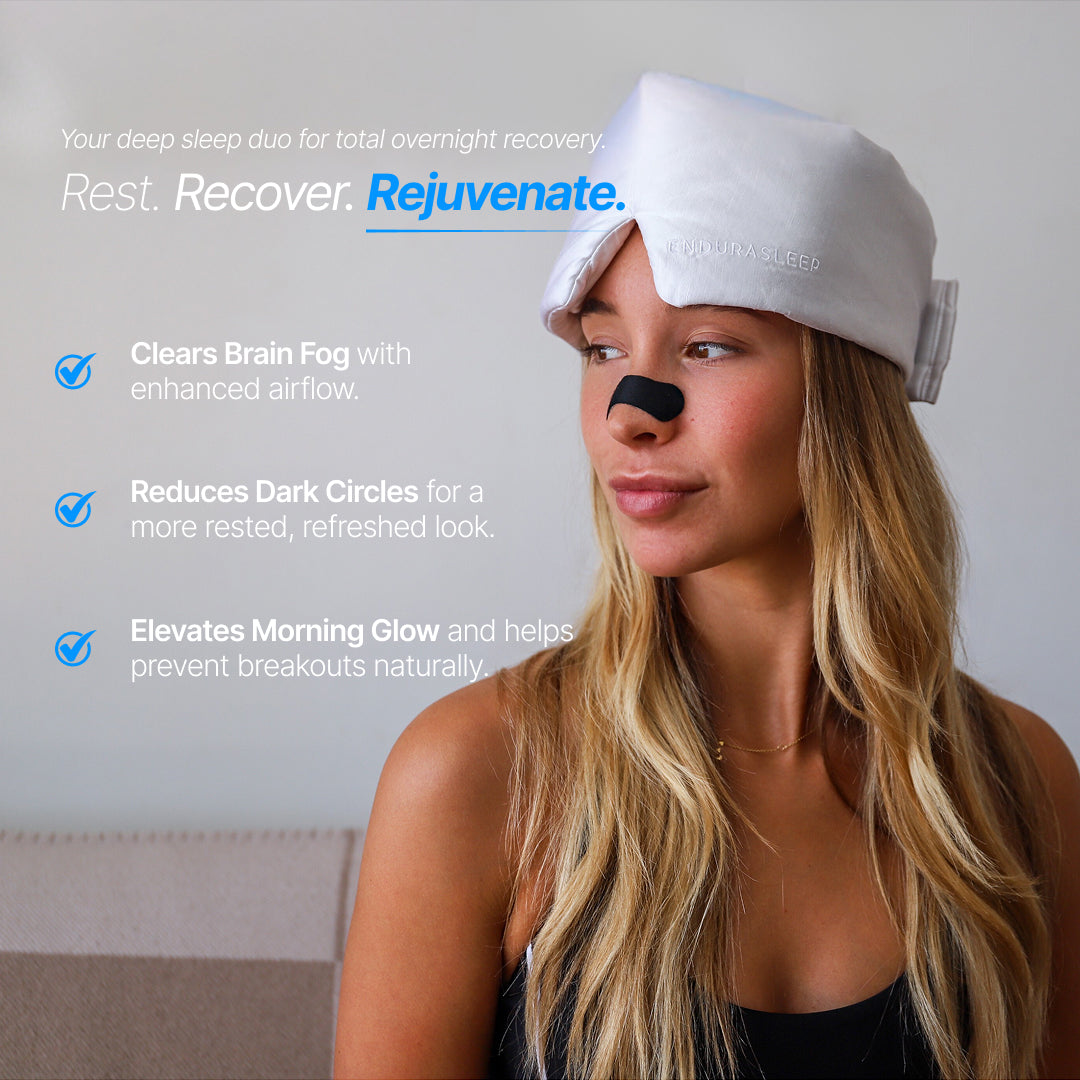 Woman wearing a white Enduraluxe sleep mask  and Everybreathe+ nasal strip with the benefits of the bundle