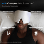 Person wearing a white enduraluxe sleep mask with comparison benefits