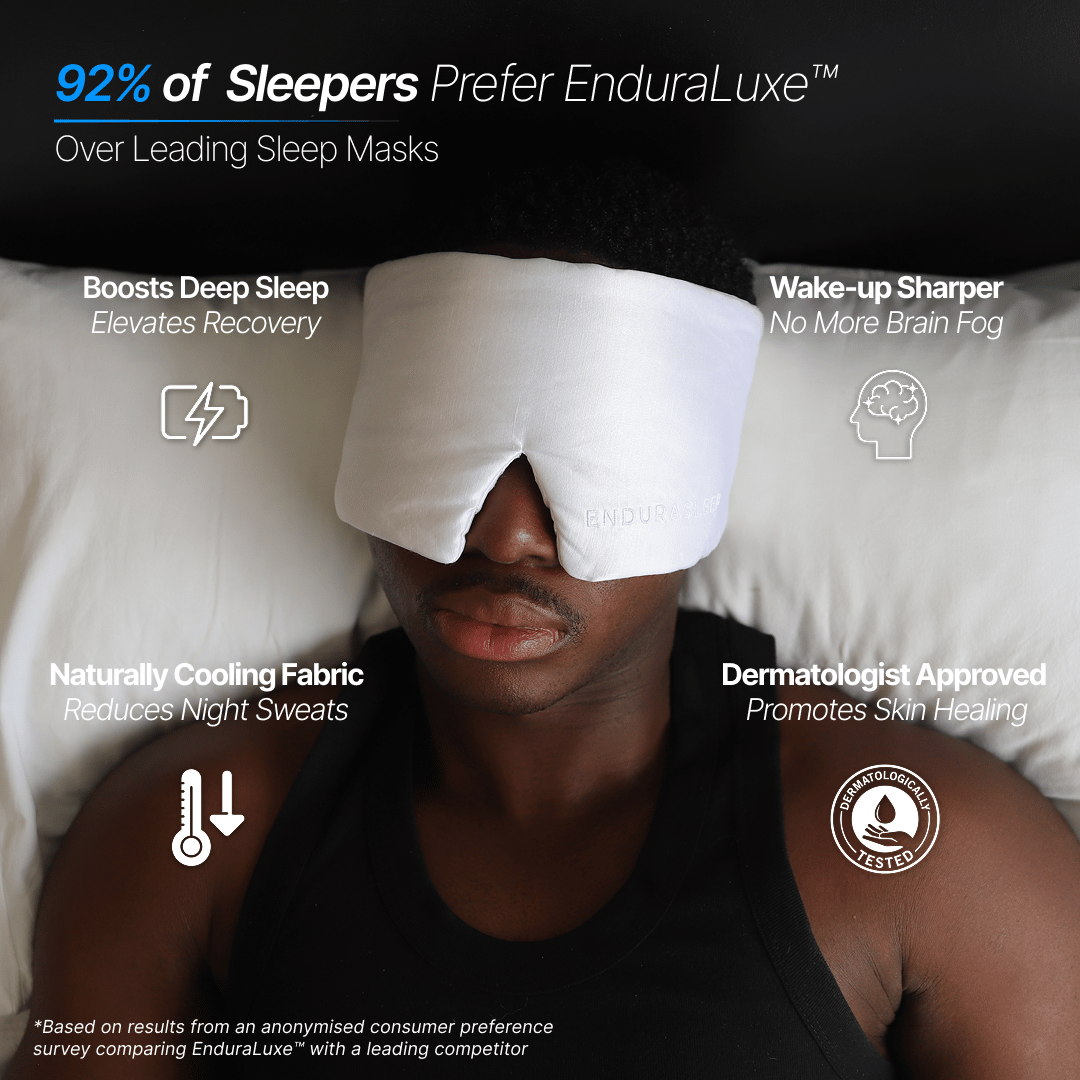 Person wearing a white enduraluxe sleep mask with comparison benefits